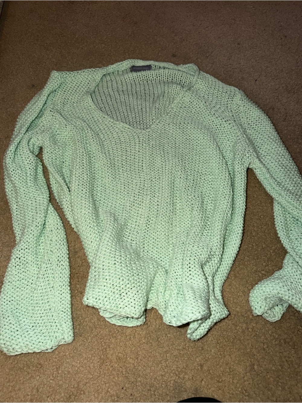 Wooden Ships by Paola Buendia Mint Green Open Knit V-Neck Bell Sleeve Sweater